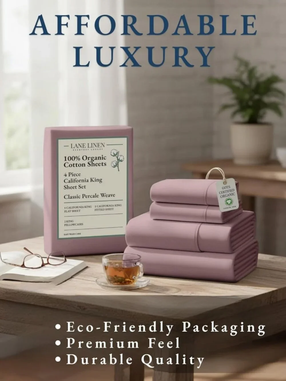Cal King Organic Cotton Sheet Set - 100% Linen, Cooling, Soft, 4pc - Lilac
